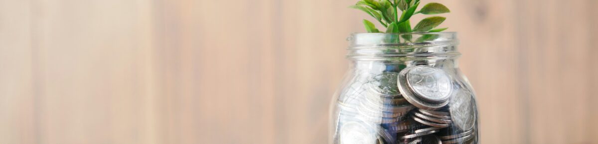 Jar of coins with a plant growing out of it